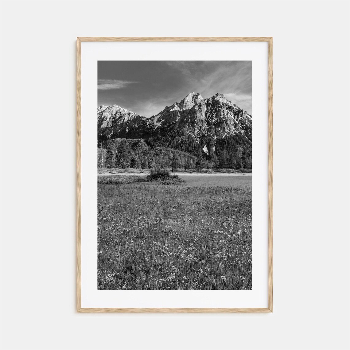 Idaho Jagged Mountain Peak Wildflower Meadow Black and White Poster