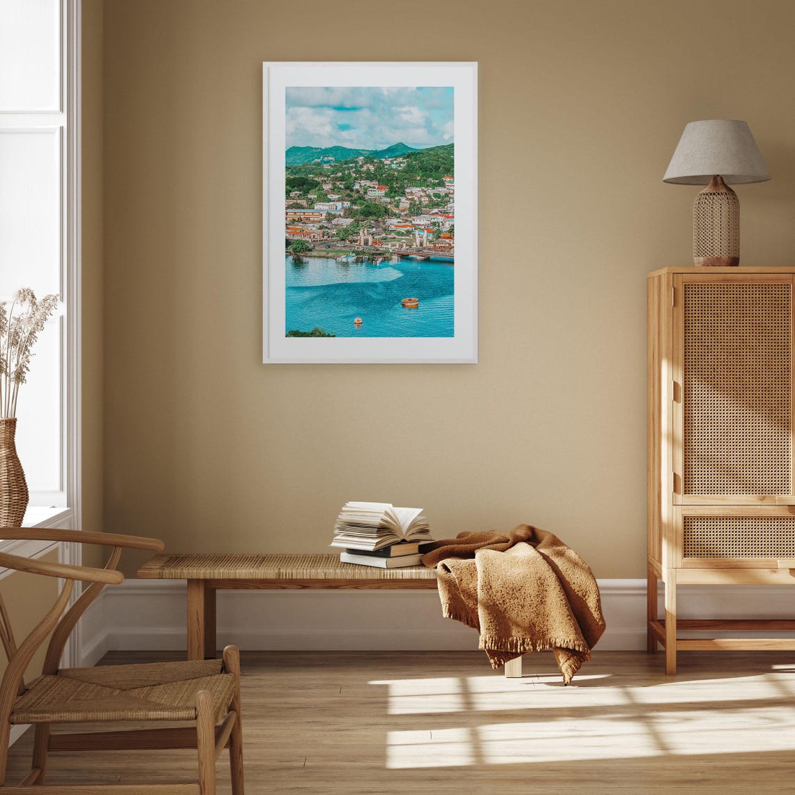 Saint Lucia Hillside Harbor Town Blue Bay Boats Caribbean Poster - Image 2