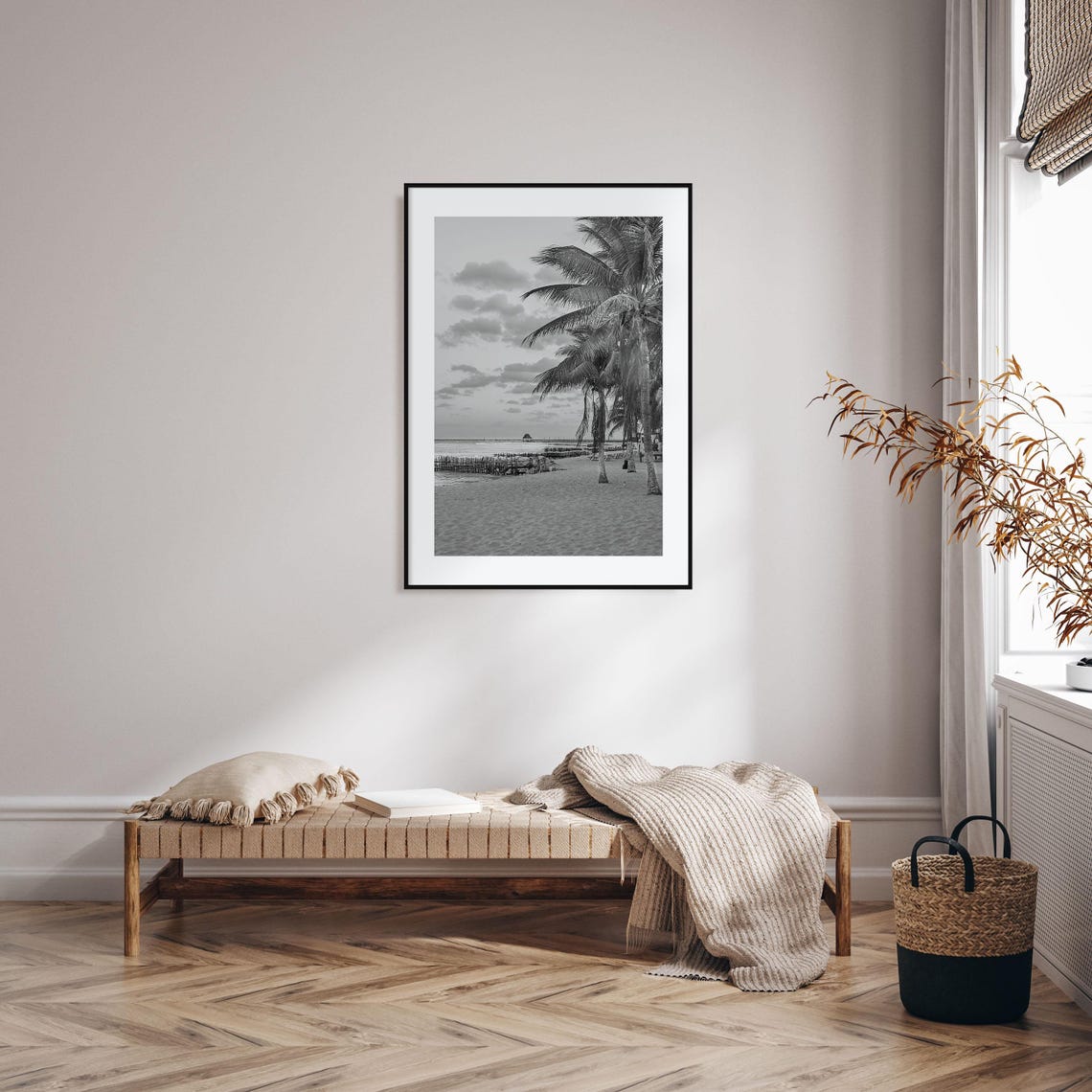 Quiet Sandy Beach Palm Trees Distant Pier Black and White Poster - Image 2