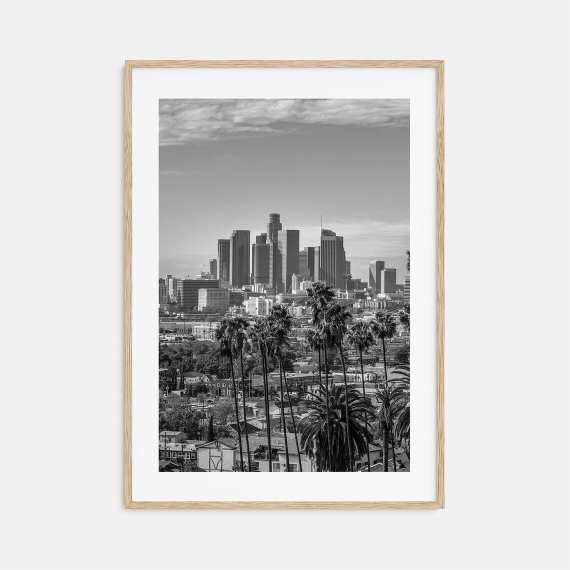 Los Angeles Downtown Skyline Palm Trees Black And White Poster