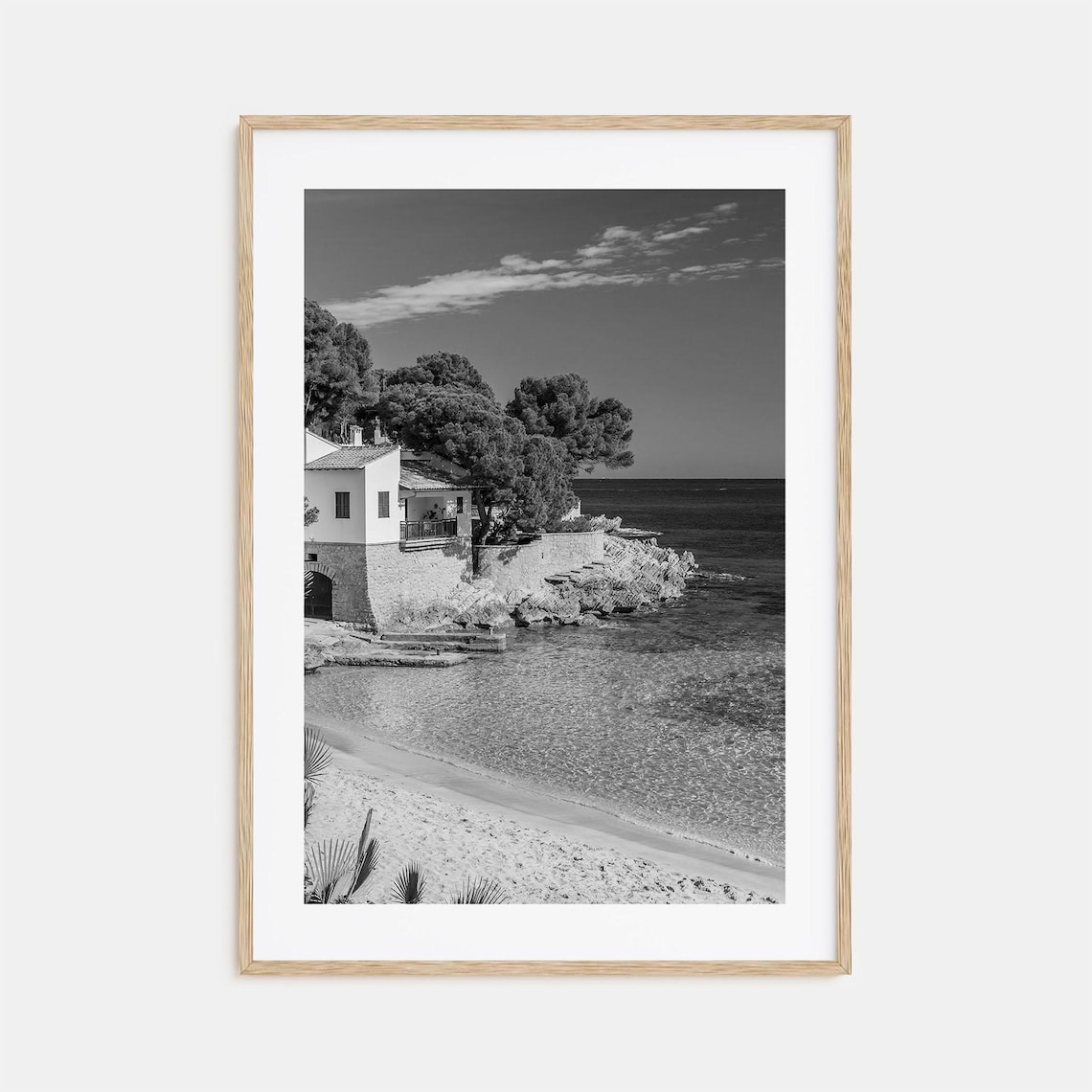 Seaside Beach House on Rocky Shore Black and White Photo Poster