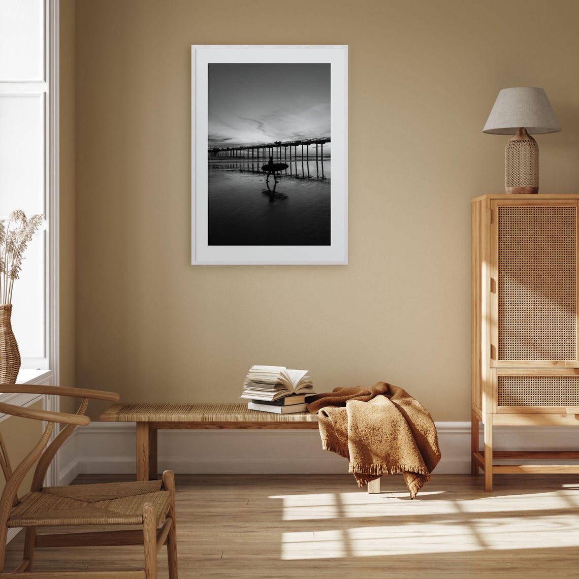 Carlsbad Surfer With Board At Sunset Long Pier Black White Poster - Image 3