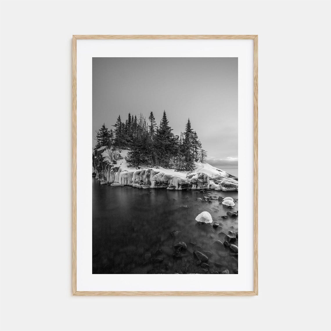 Minnesota Snowy Pine Island Frozen Lake Shore Black and White Poster