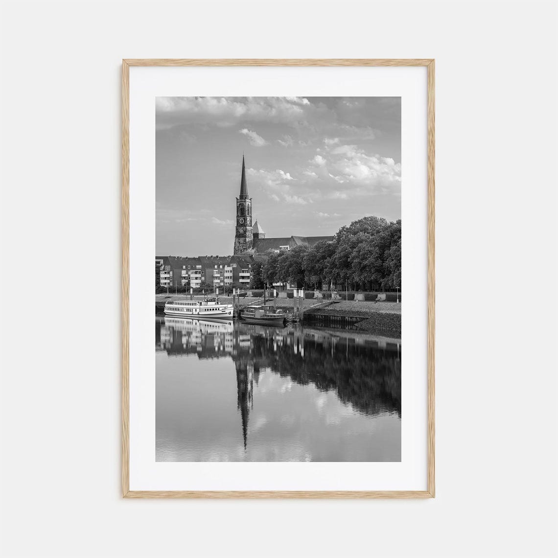 Bremen Church Spire River Reflection Black and White Photo Poster