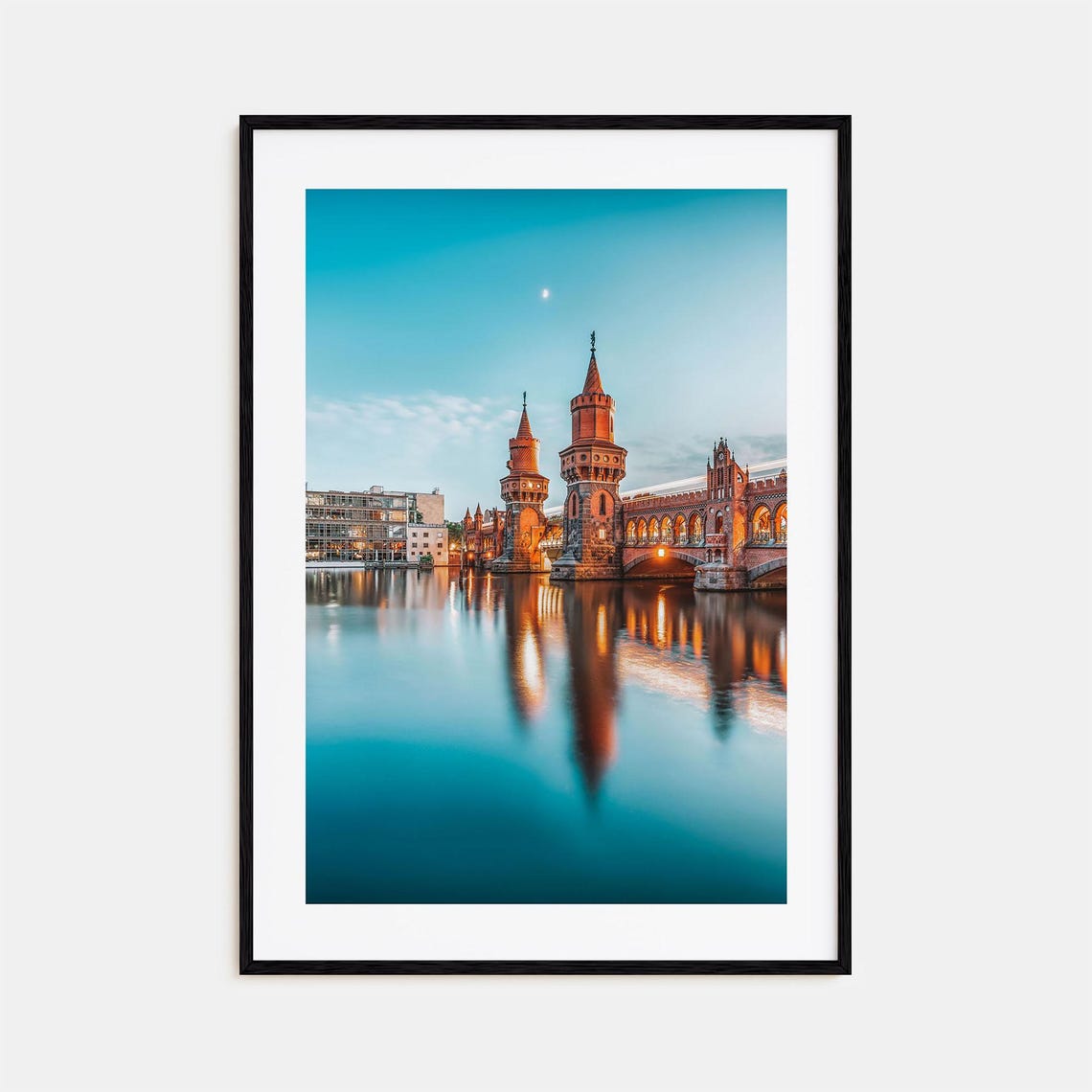 Berlin Oberbaum Bridge Poster Dusk Moonlit River Reflection Art