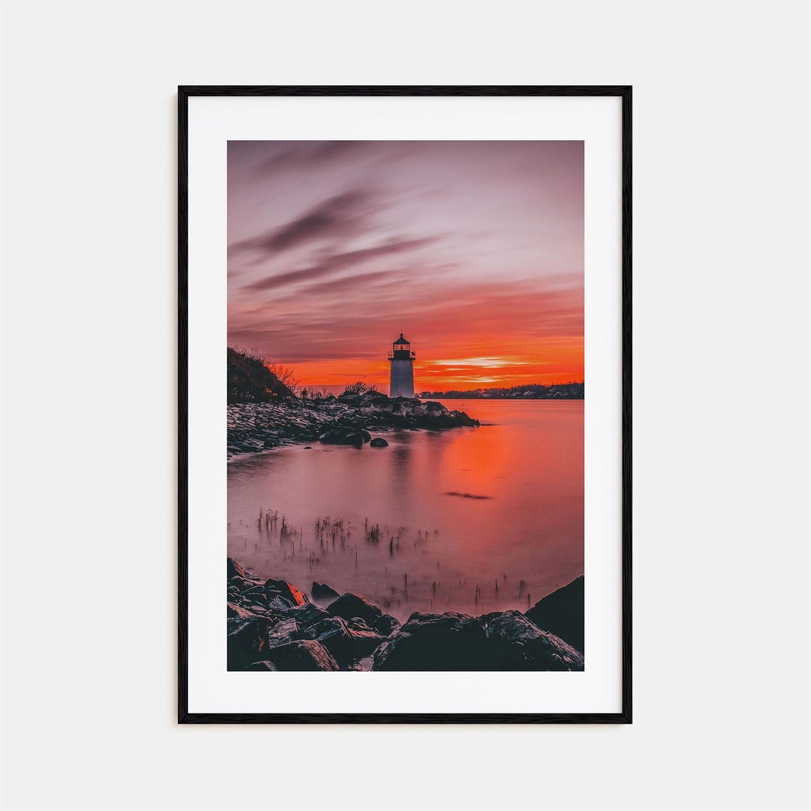 Massachusetts Lighthouse at Sunset Pink Sky Rocky Shore Photo Poster
