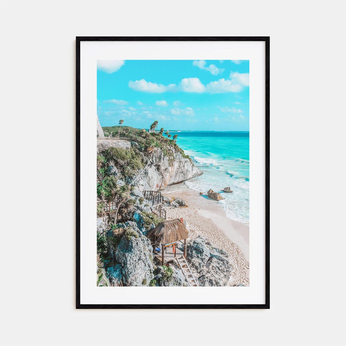 Tropical Rocky Cliff Beach With Thatched Hut Turquoise Sea Poster