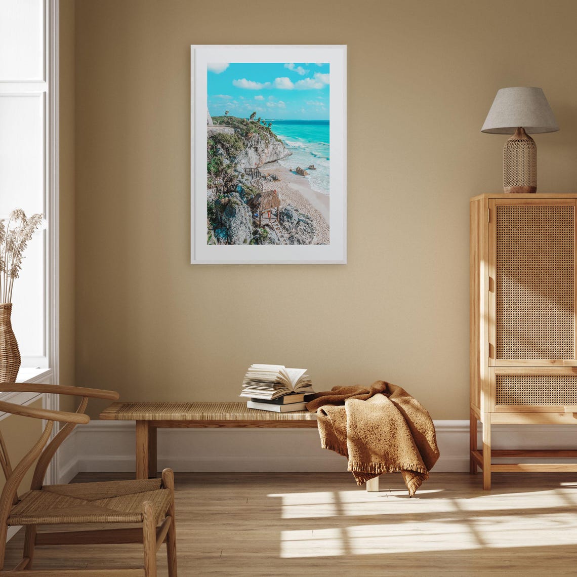 Tropical Rocky Cliff Beach With Thatched Hut Turquoise Sea Poster - Image 2