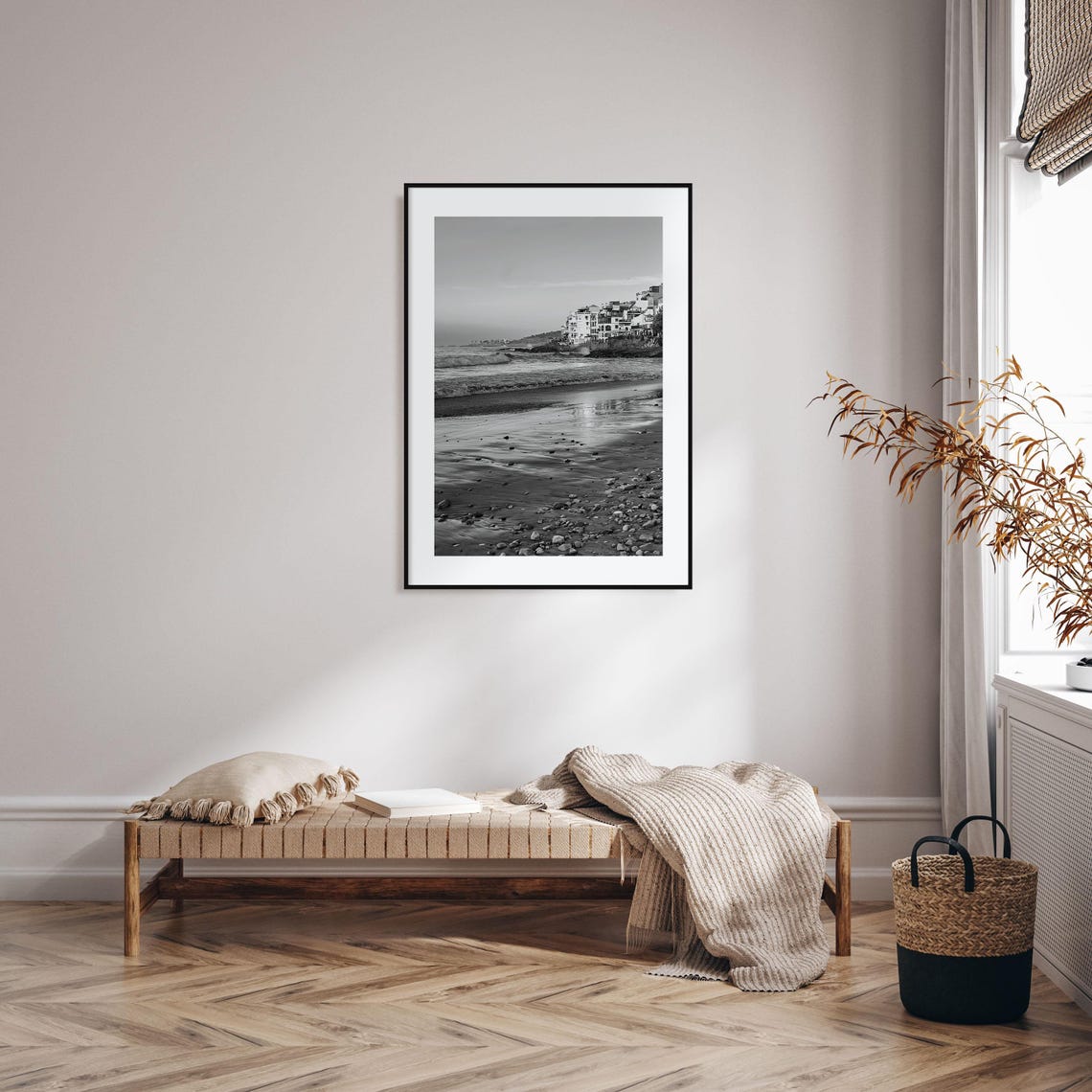 Taghazout Morocco Beach Waves Rocky Shore Black And White Poster - Image 2