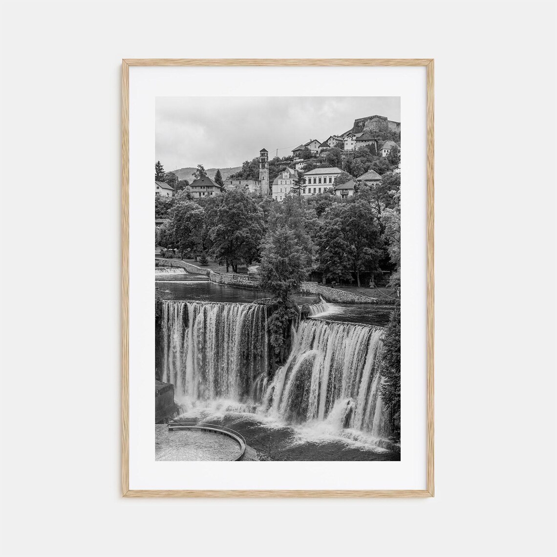 Bosnia and Herzegovina Waterfall Old Town Black and White Poster
