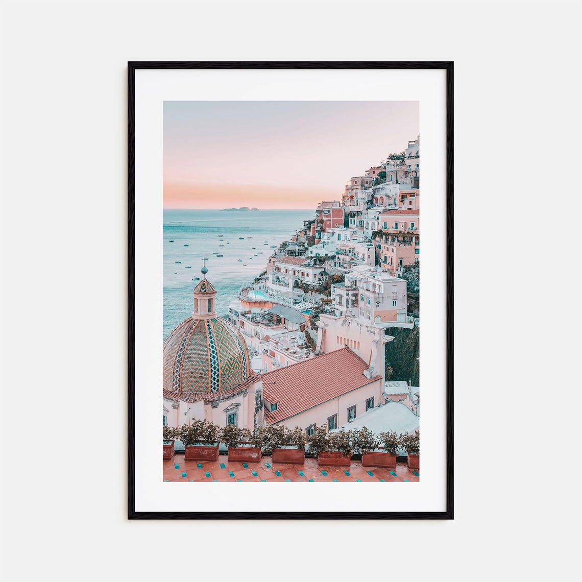 Positano Amalfi Coast Cliffside Village Church Dome Sunset Poster