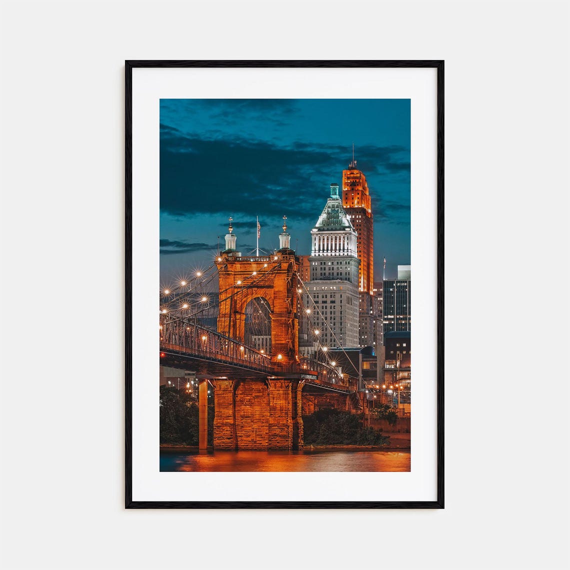 Cincinnati Ohio Night Poster Roebling Bridge Glowing Skyline View