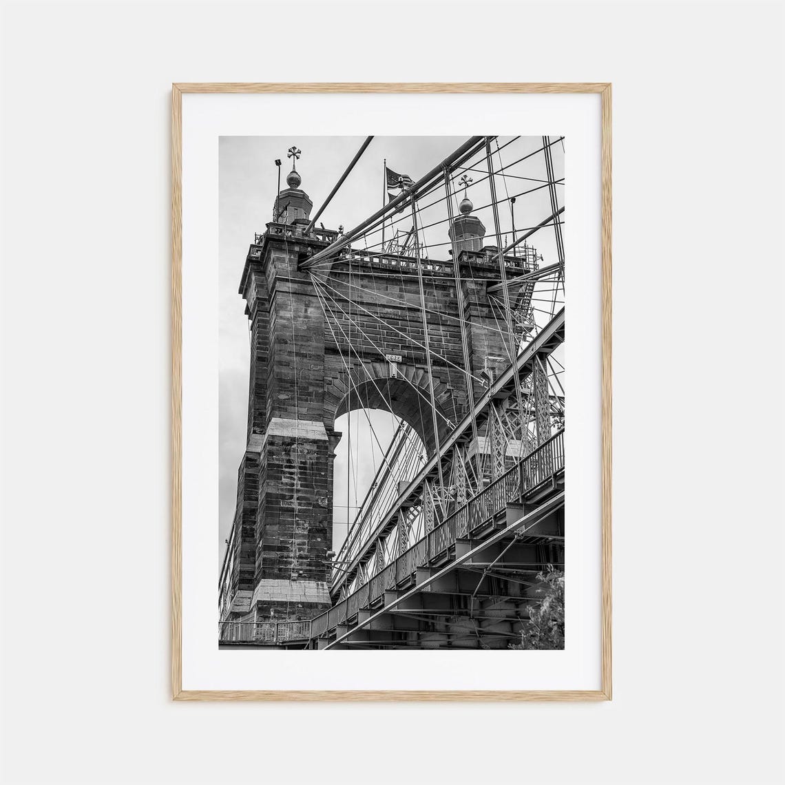 Cincinnati Roebling Suspension Bridge Tower Black White Poster