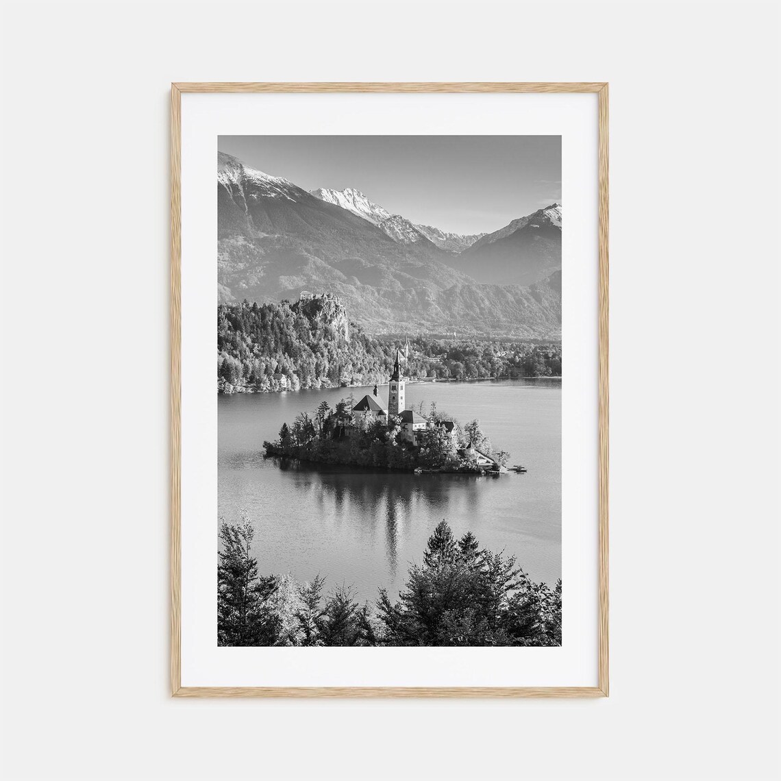 Lake Bled Slovenia Island Church Alpine Lake Black and White Poster