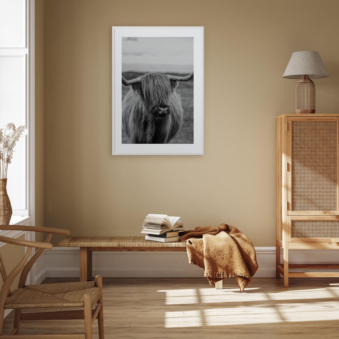 Shaggy Highland Cow Portrait Close Up Black And White Photo Poster - Image 3