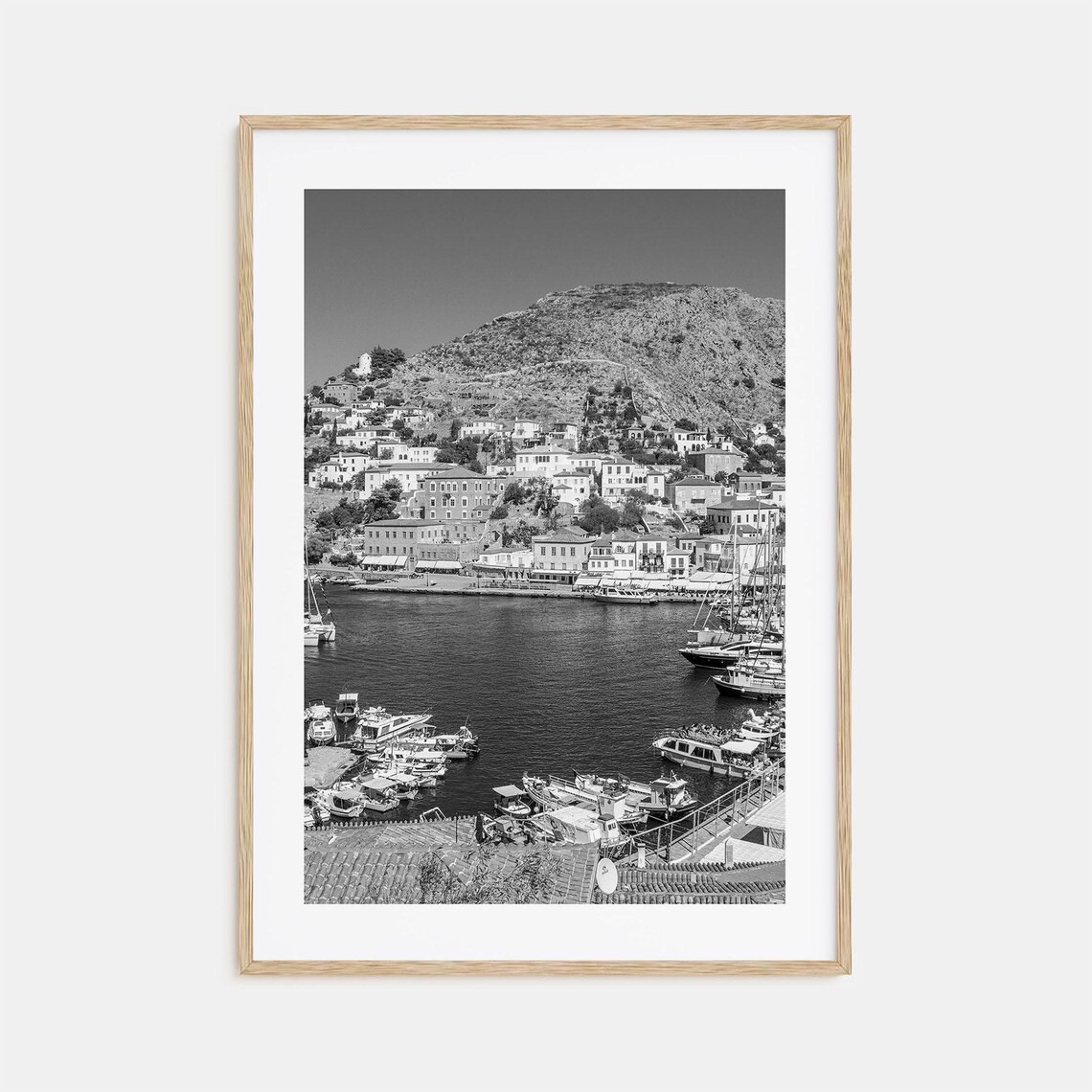 Hydra Greece Harbor Boats Black And White Aegean Island Poster