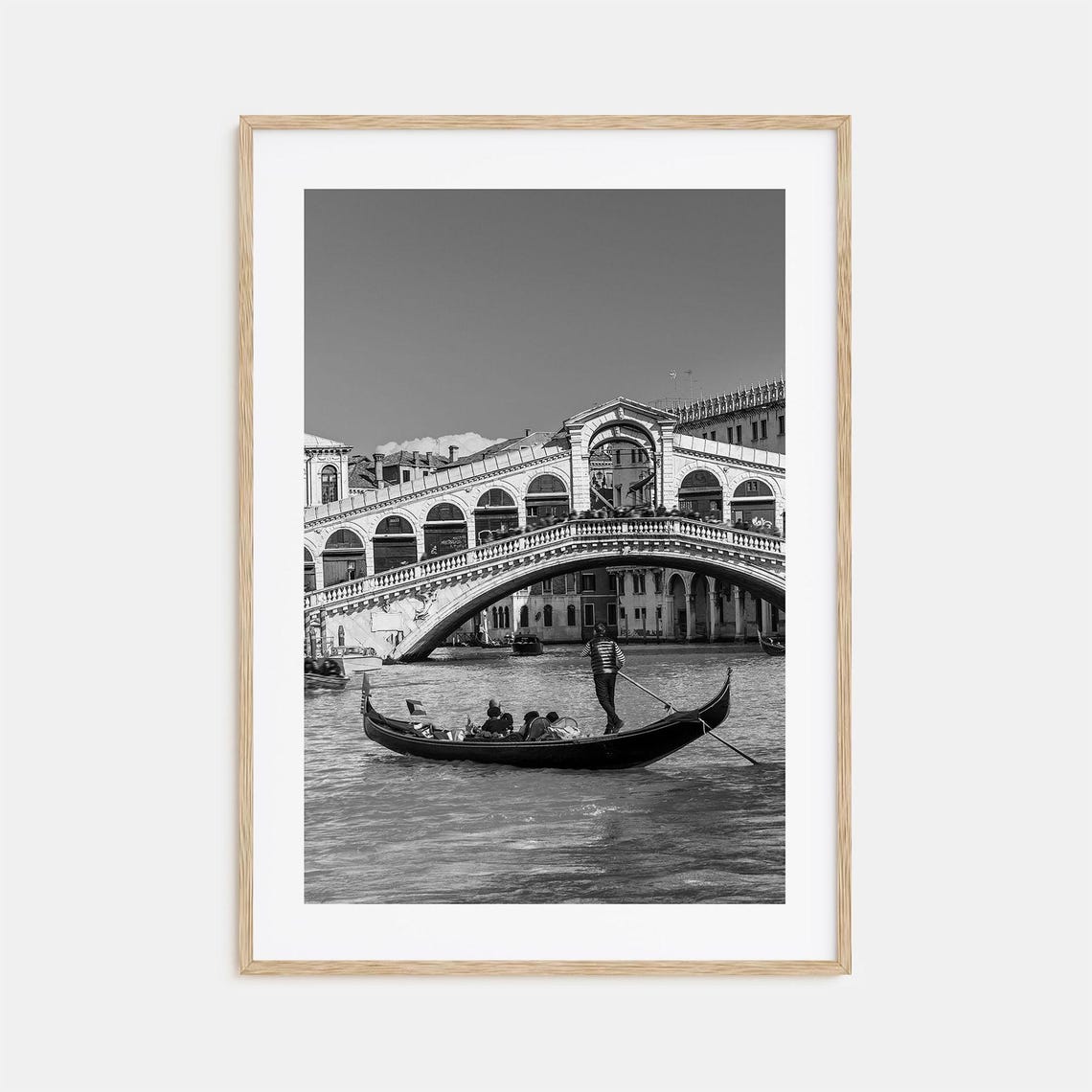 Rialto Bridge Venice Gondola Passing Under in Black and White Print