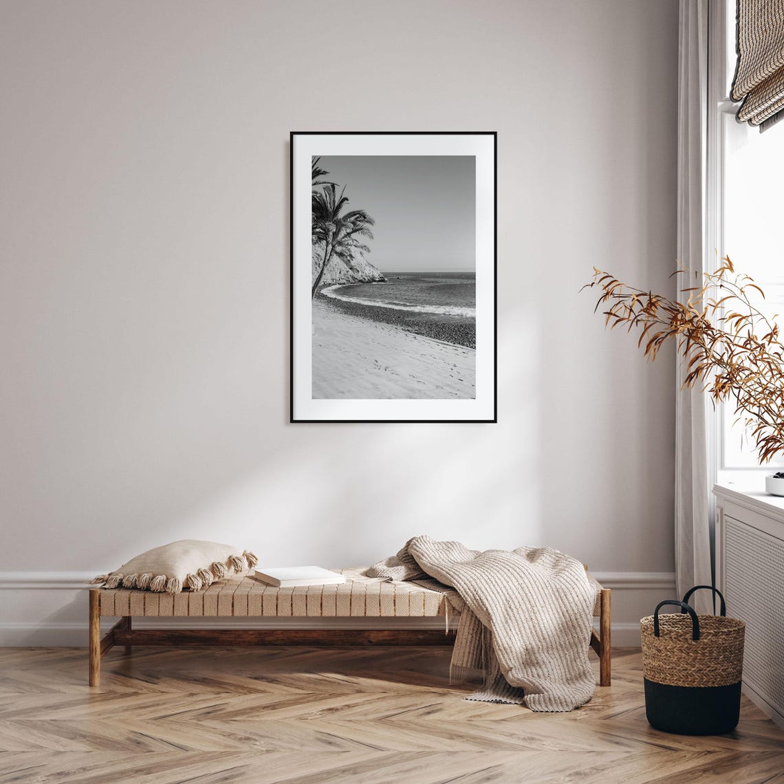 Avalon Beach Palm Trees Ocean Cliffs Black And White Photo Poster - Image 2