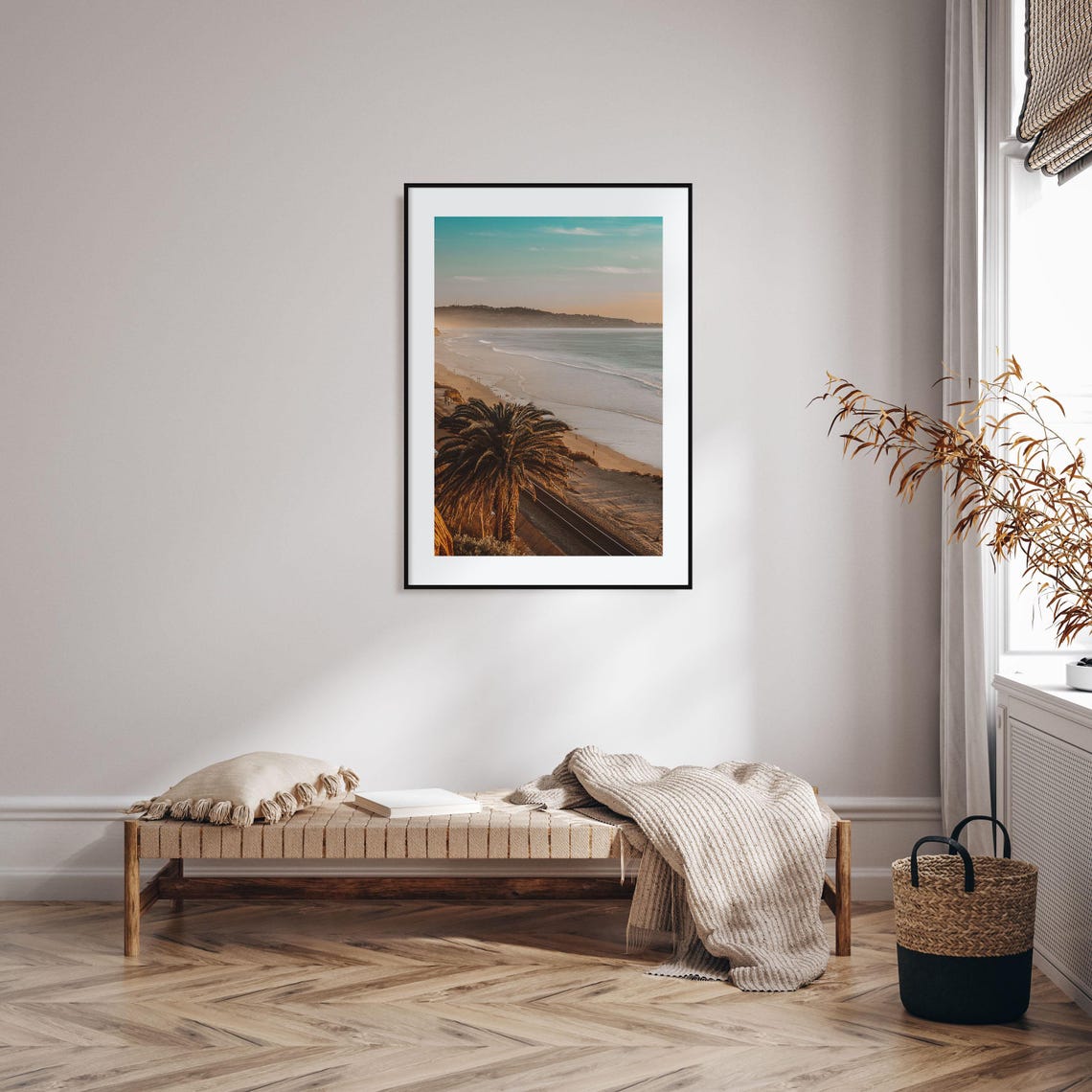 Palm Tree Overlooking Golden Sunset Beach with Gentle Waves Poster - Image 2