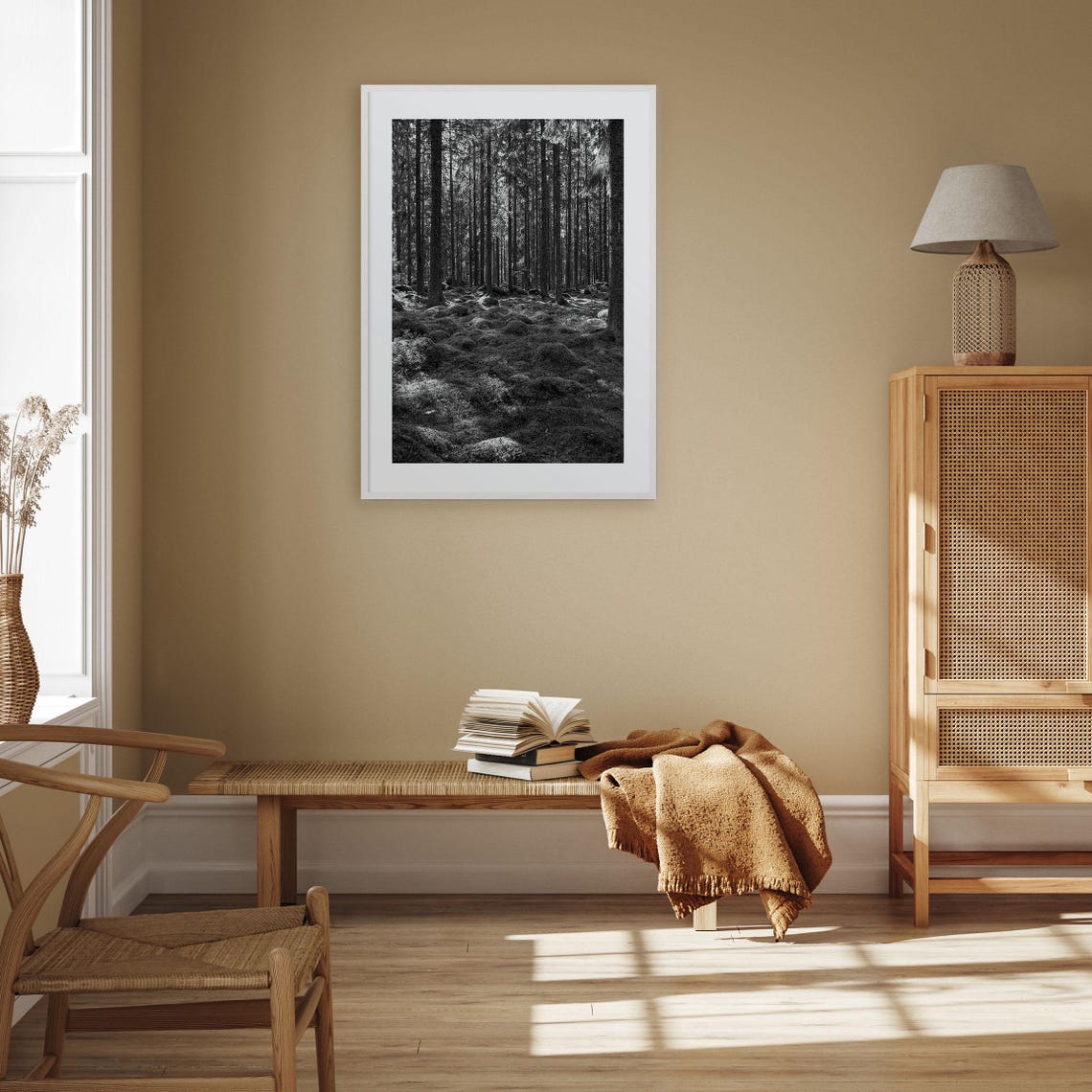 Tall Pine Forest With Moss Covered Floor Black And White Art Poster - Image 3