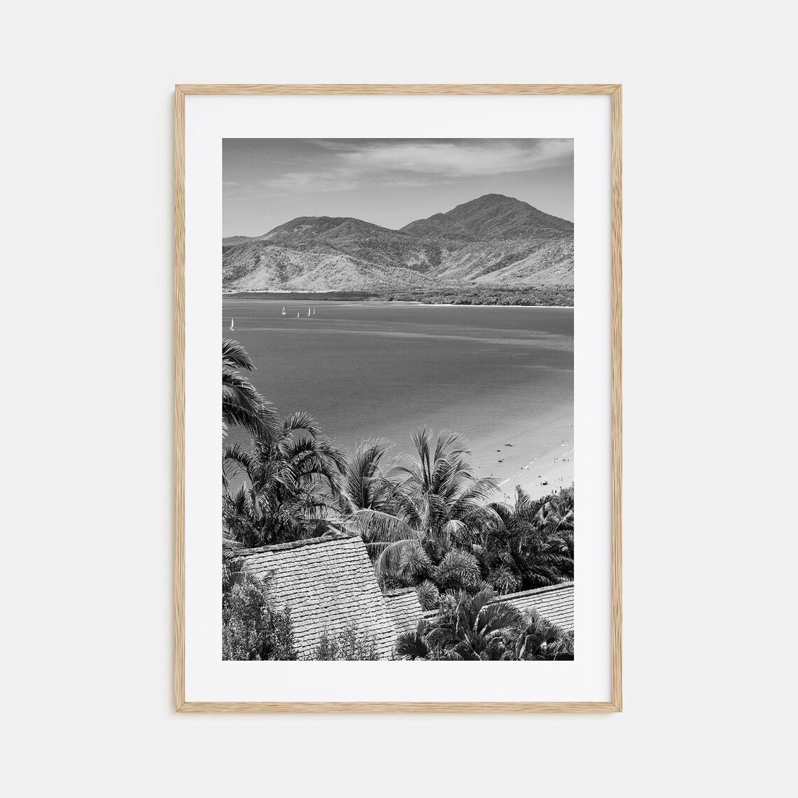 Tropical Bay With Sailboats Palms And Mountains Black White Poster