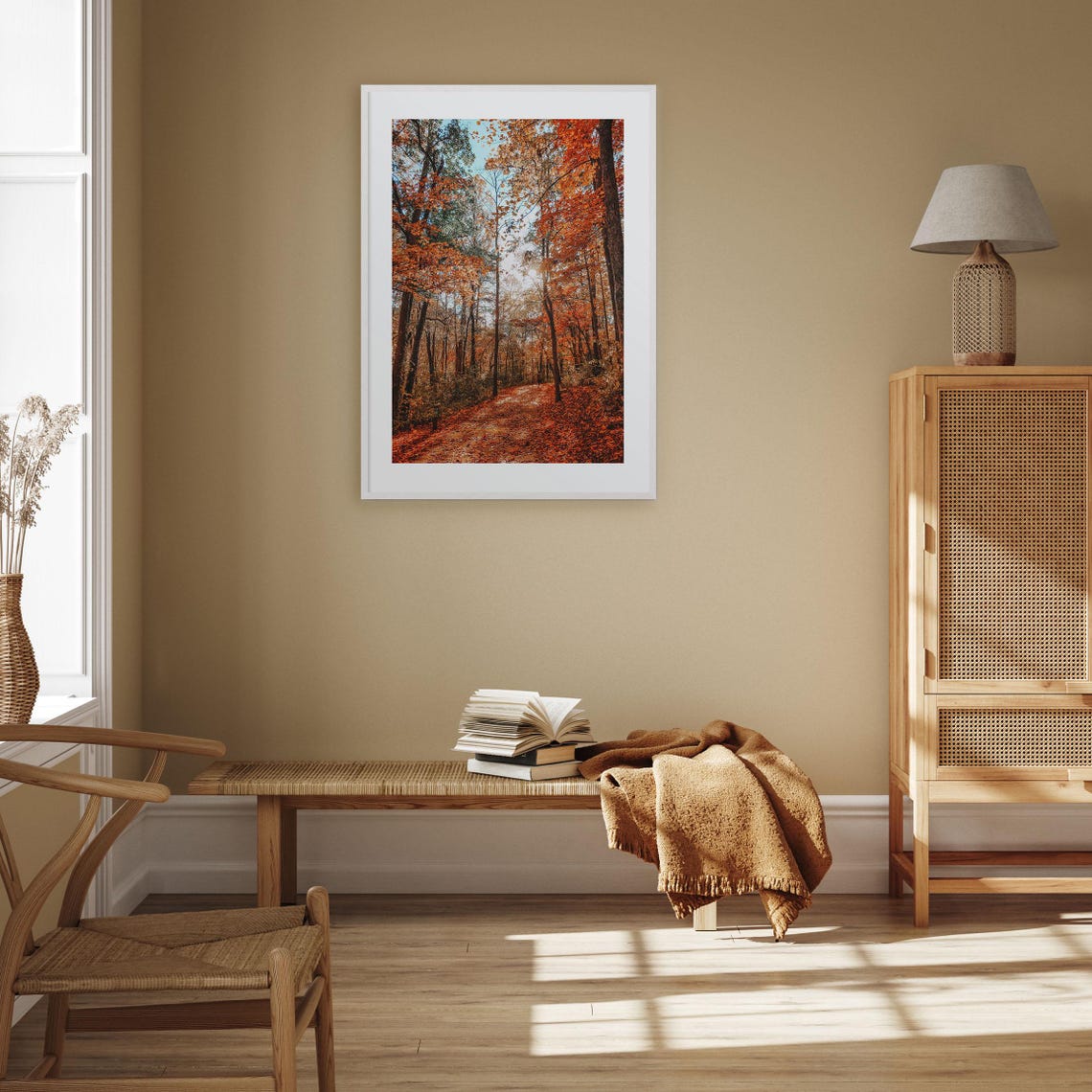 Autumn Forest Path Sunlit Orange Leaves Nature Photo Art Print - Image 3