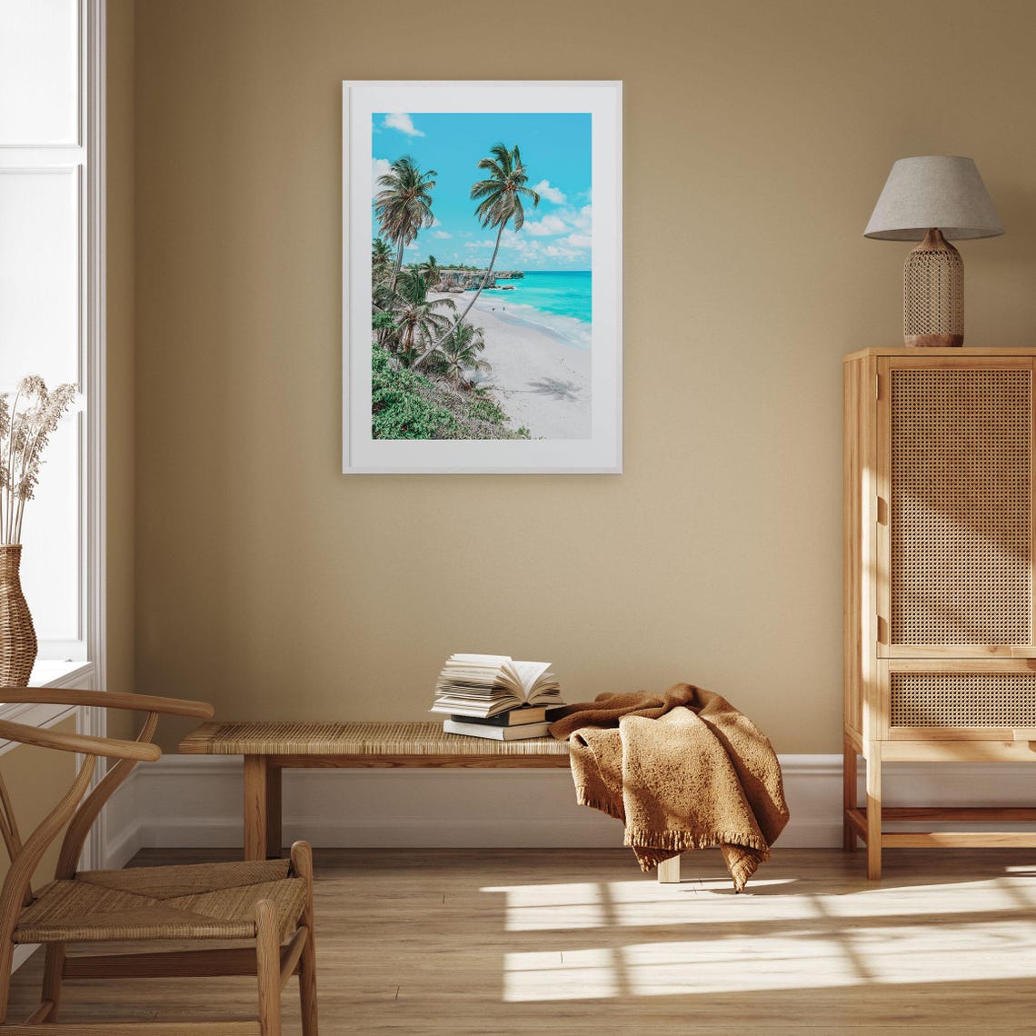 Tropical Beach with Leaning Palm Trees on White Sand Shoreline Poster - Image 3