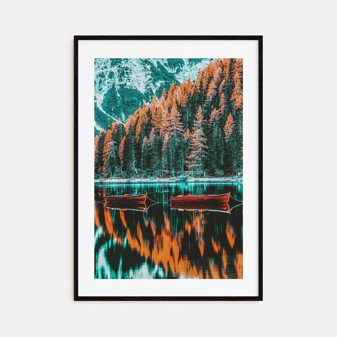 Dolomites Alpine Lake Red Boats Autumn Reflection Mountain Poster