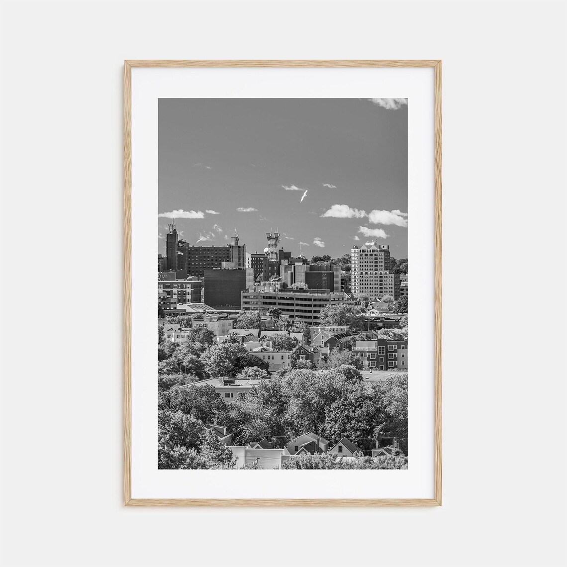 Portland Maine Skyline Over Treetops Black And White City Photo Poster