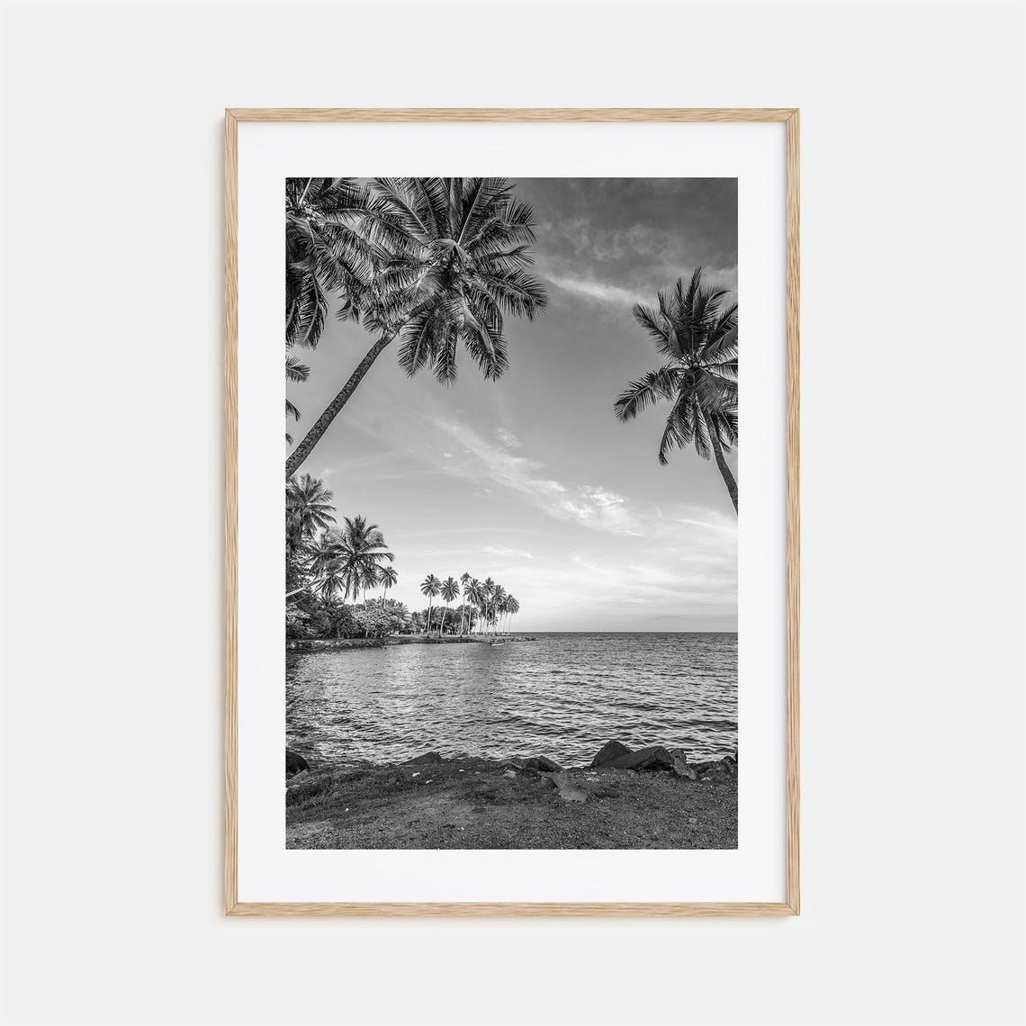 Leaning Palm Trees Tropical Shore Black and White Ocean Poster