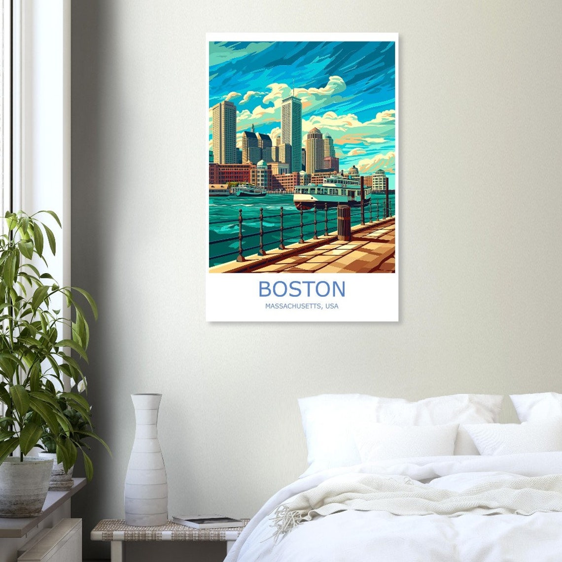 Boston Harbor Skyline Waterfront Ferry Vintage Style Travel Poster - Image 2