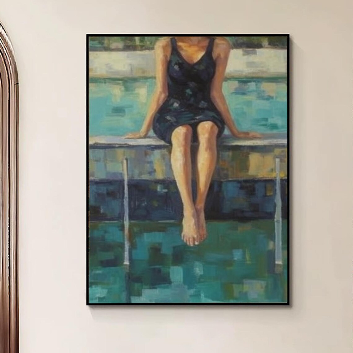 Woman Sitting Pool Edge Turquoise Water Summer Relaxing Oil Art Poster - Image 4