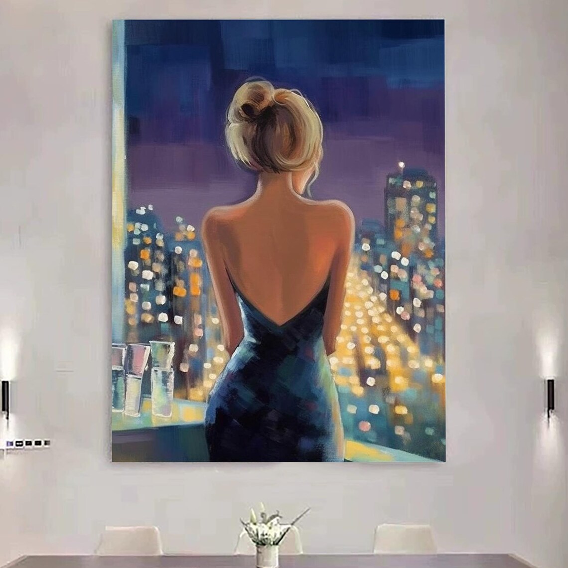 Woman Back View Evening Dress Night City Lights Balcony Art Poster