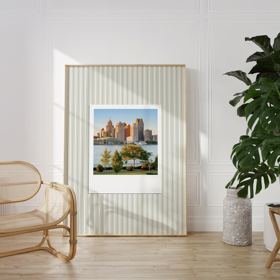 Detroit Michigan Skyline Retro Instant Photo Green Stripe Art Poster