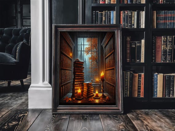 Cozy Fall Wall Art Print Dark Academia Rainy Day With Books Candles Moody Autumn Decor Gothic Oil Painting Seasonal