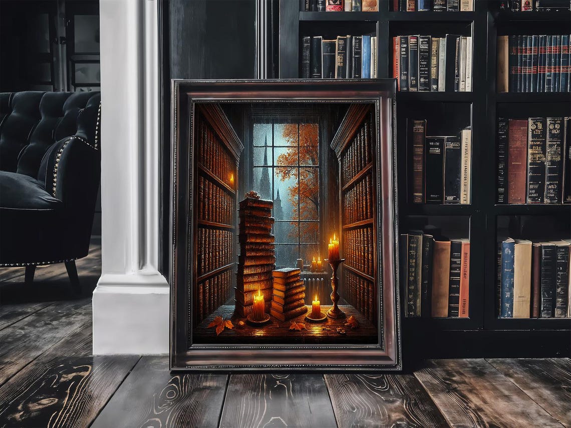 Dark Academia Library Books Candles Gothic Window Art Poster