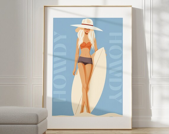 Howdy Coastal Cowgirl Surfer Girl Blue Retro Beach Art Poster