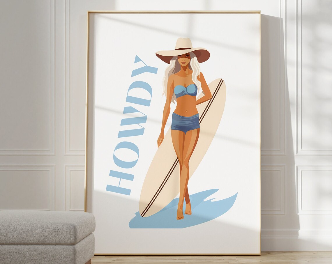 Howdy Surfer Girl with Surfboard Minimalist Summer Beach Art Poster