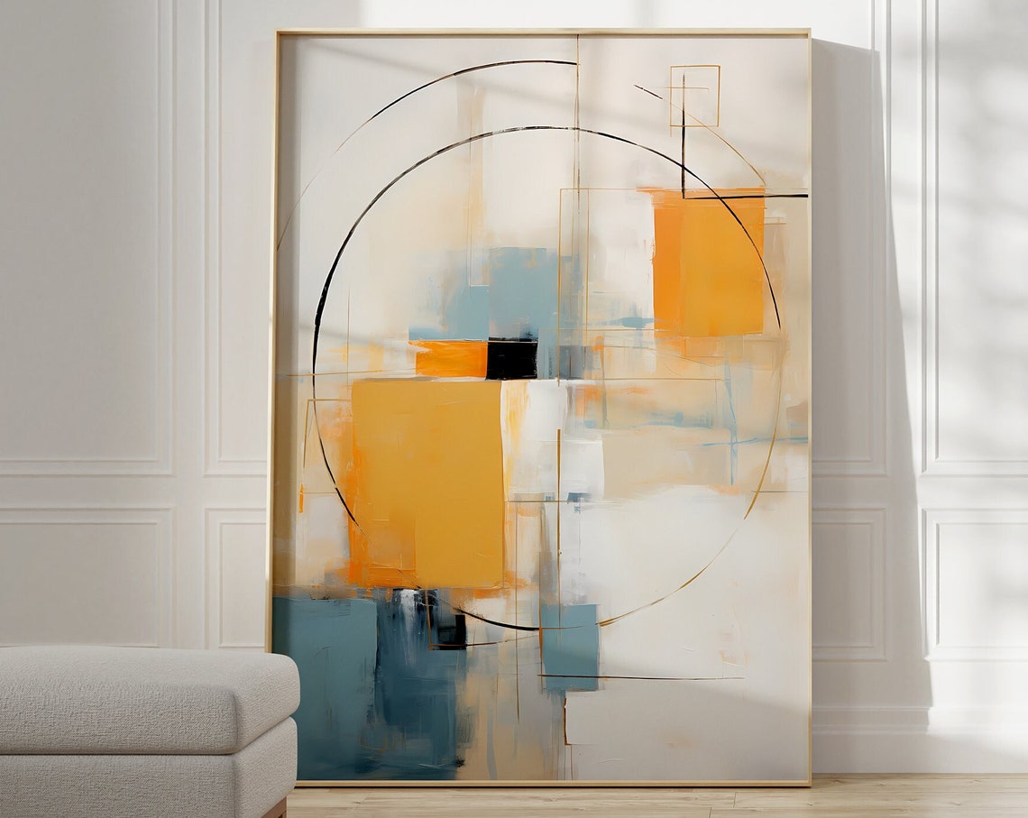 Modern Geometric Circle Abstract Orange Blue Blocks Art Poster