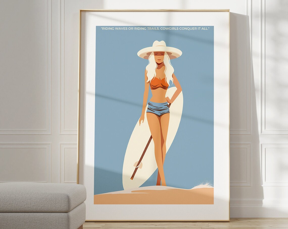 Coastal Cowgirl Riding Waves Quote Surfer Girl Western Art Poster