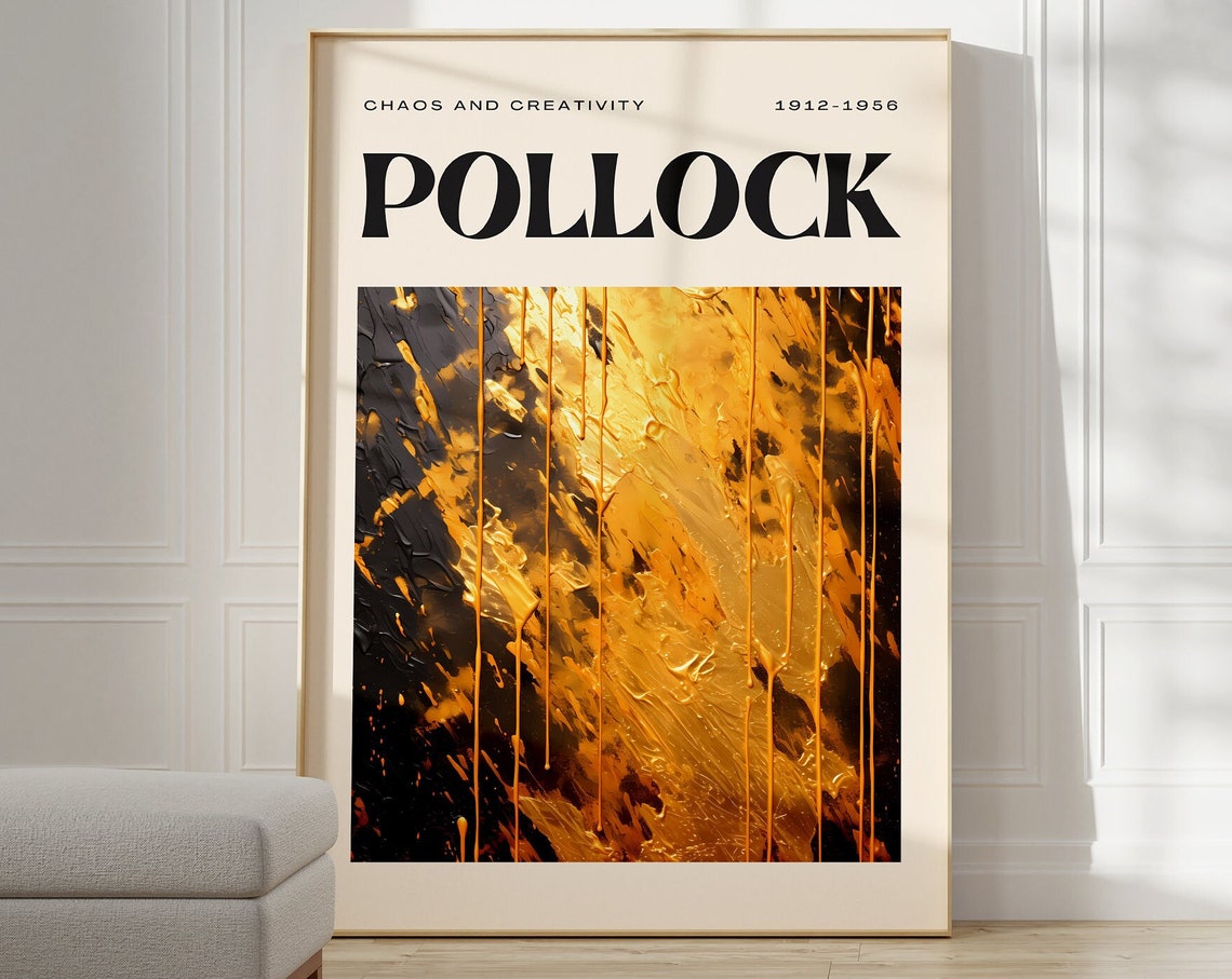 Pollock Chaos and Creativity Gold Drip Art Exhibition Poster