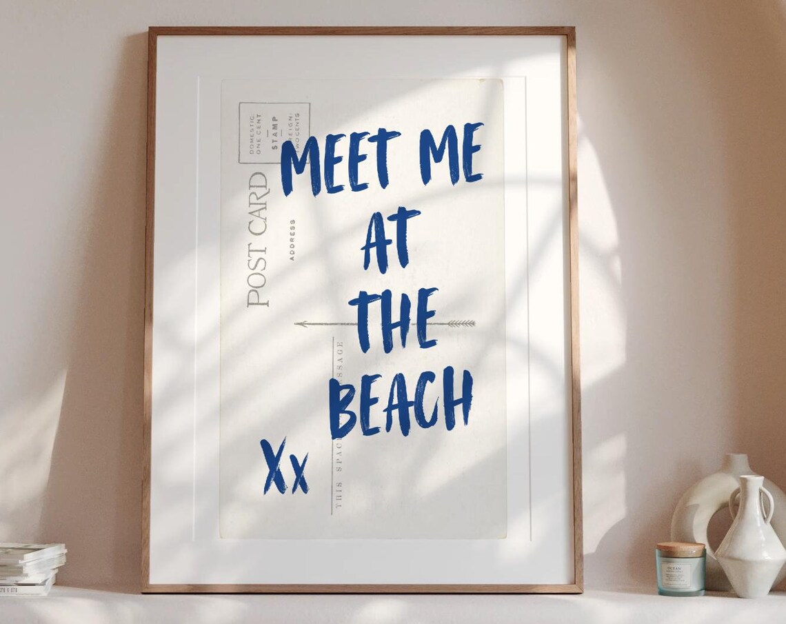 Meet Me at the Beach Xx Vintage Postcard Brush Lettering Art Poster