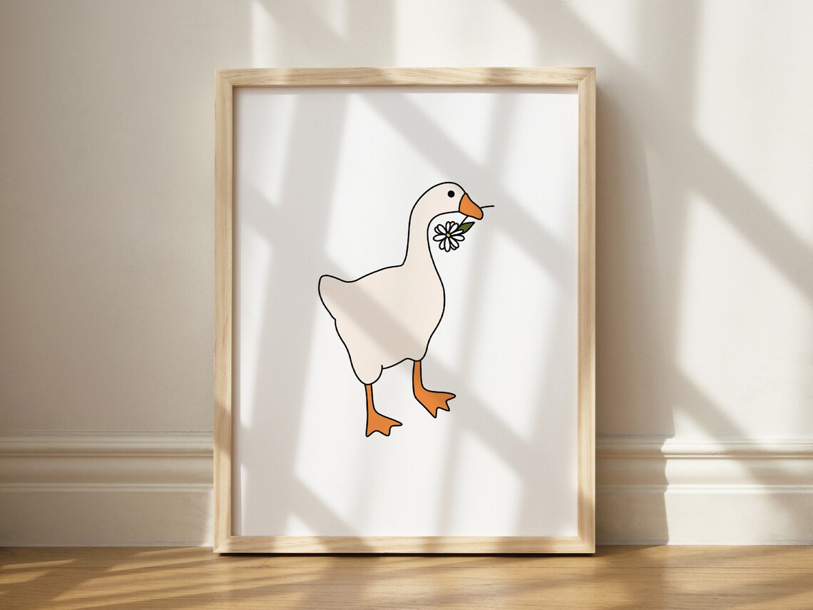 Funny Goose Holding Flower Cute Whimsical Line Art Nursery Poster