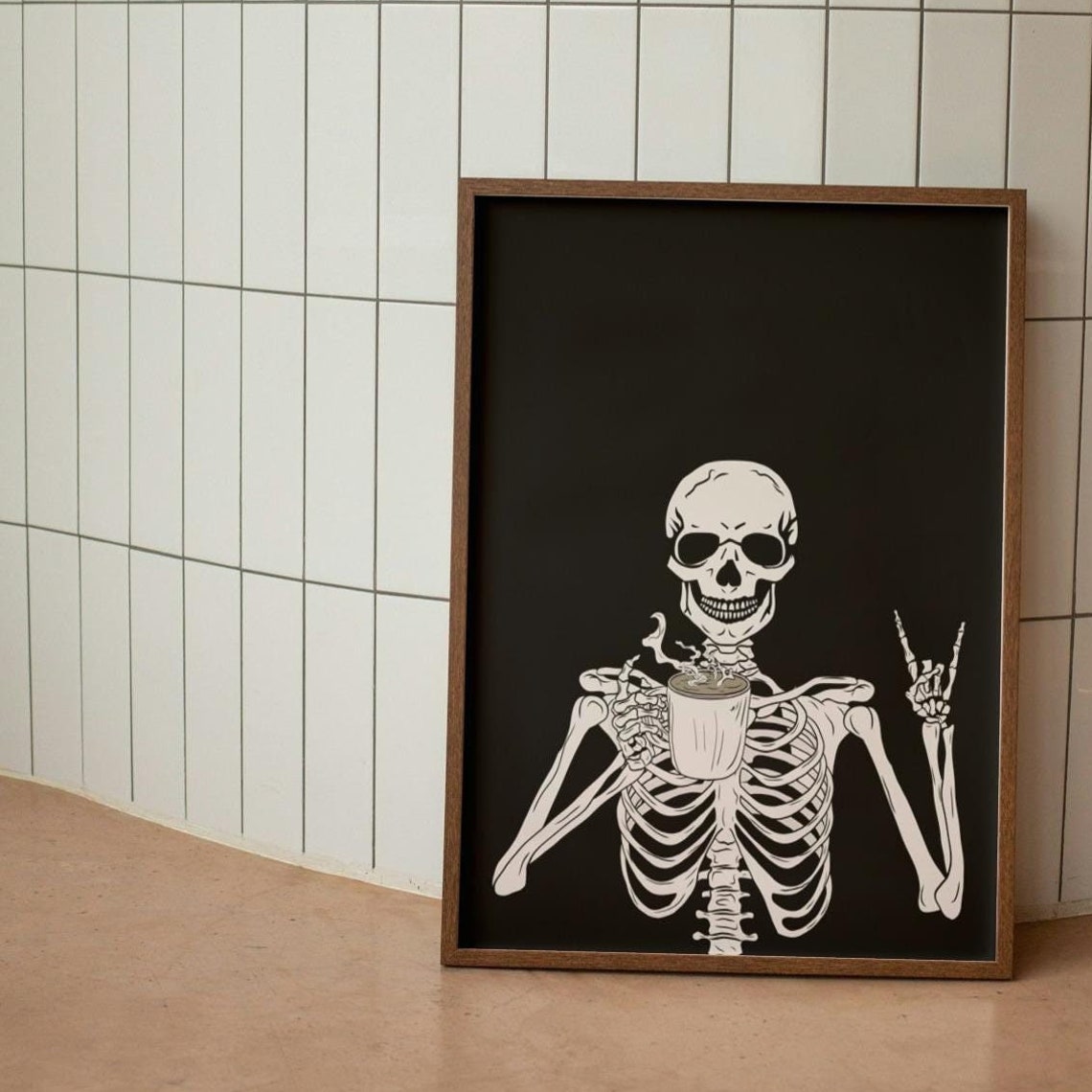 Skeleton Drinking Coffee Rock Hand Black Background Poster Art