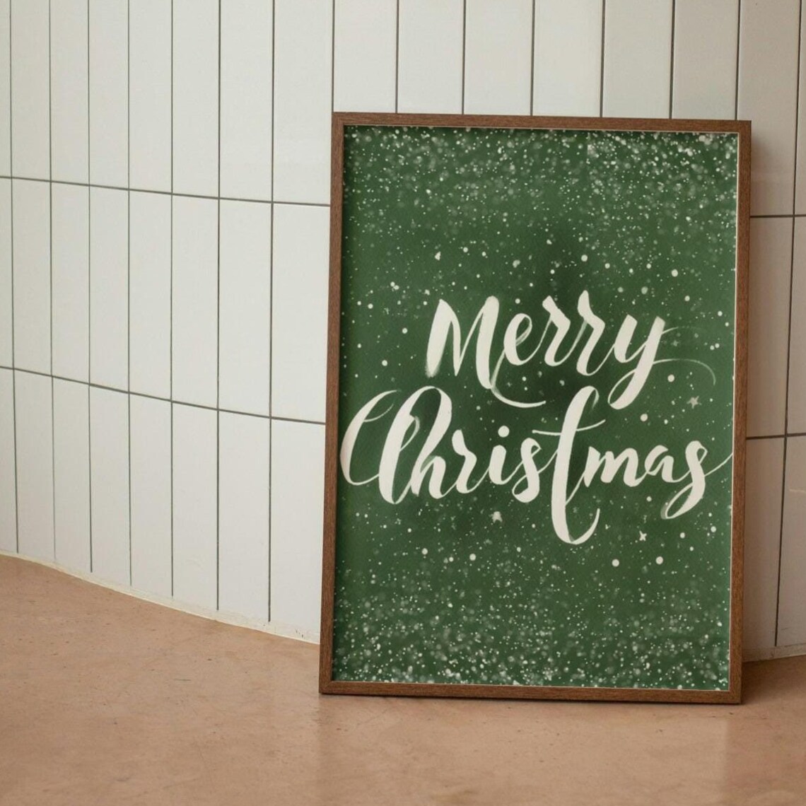 Dark Green Merry Christmas Art Print, Holiday Decor