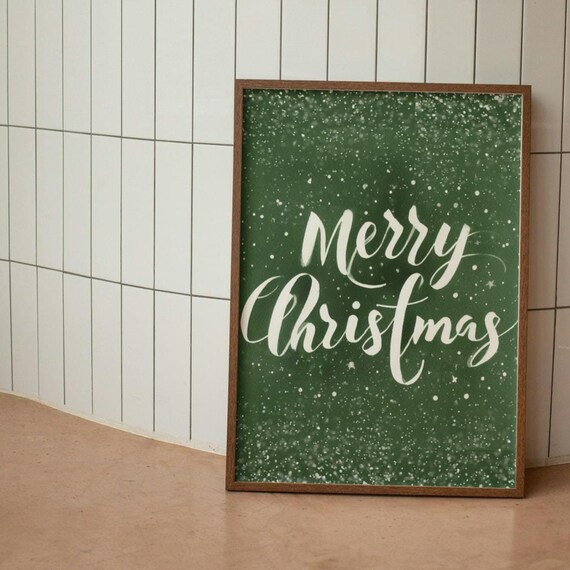 Dark Green Merry Christmas Art Print, Holiday Decor