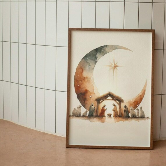 Watercolor Nativity Scene Crescent Moon Star Christmas Art Print