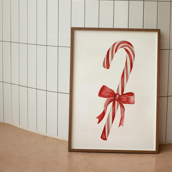 Candy Cane with Red Bow Watercolor Christmas Holiday Decor Poster