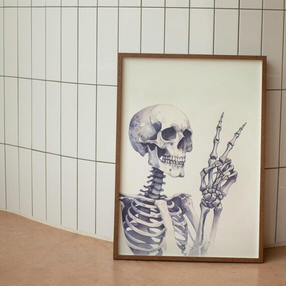 Skeleton Peace Sign Watercolor Skull Art Poster Edgy Gothic Decor