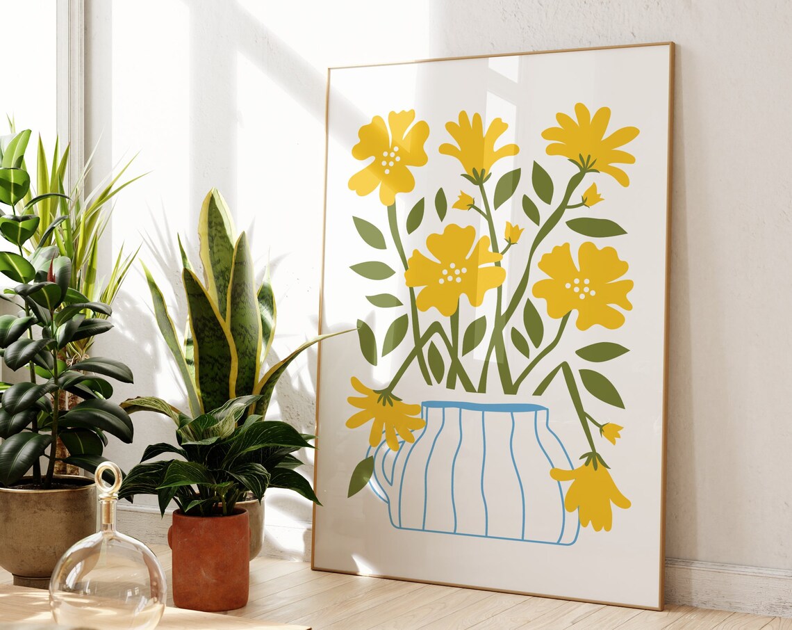 Yellow Flowers And Blue Plant Pot Art Print, Boho Decor